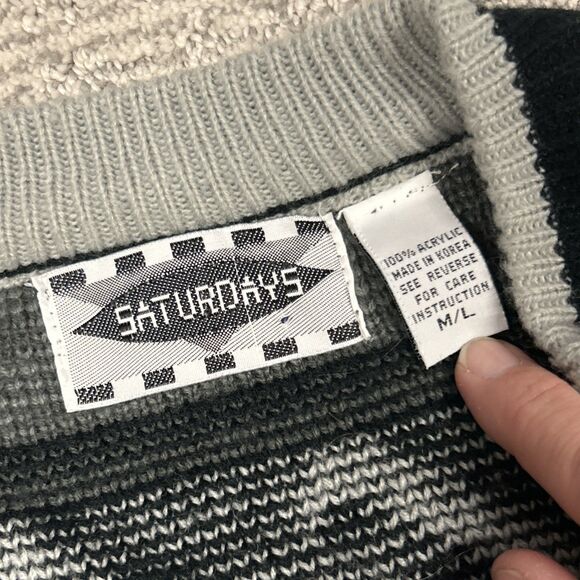 Saturdays Cardigan Sweater Mens Medium Large Gray Paisley Cardigan 90s Grandpa - Picture 3 of 6